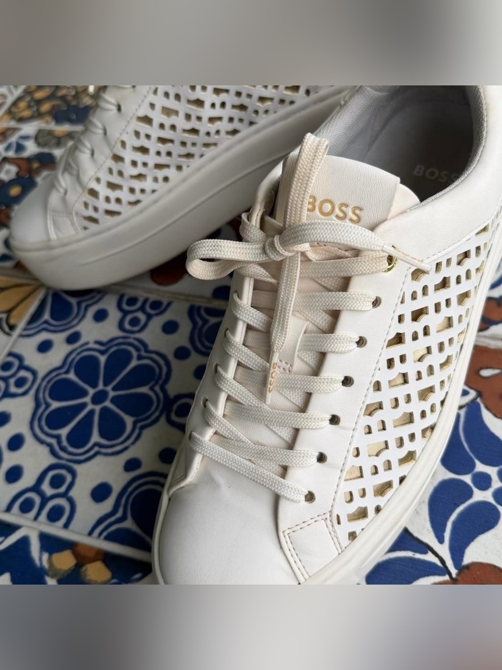 BOSS Cream White Perforated Leather Sneakers with Gold Accents